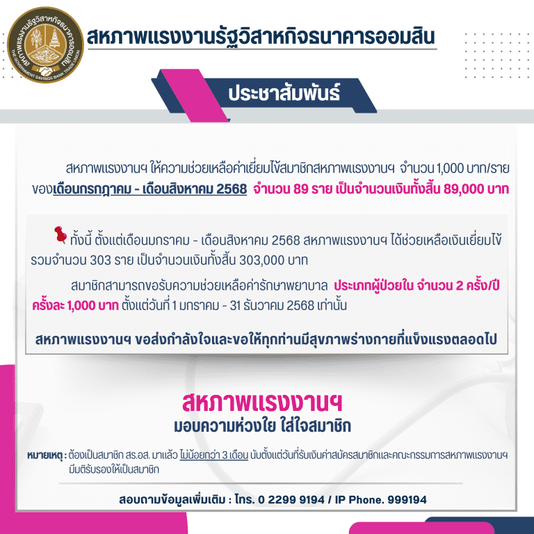 สหภาพแรงงานฯ ให้ความช่วยเหลือค่าเยี่ยมไข้แก่สมาชิกฯ ของเดือนกรกฎาคม – สิงหาคม 2568