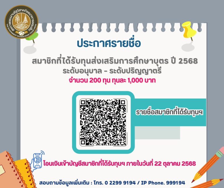 ประกาศรายชื่อสมาชิกที่ได้รับทุนส่งเสริมการศึกษาบุตร ปี 2568 ระดับอนุบาล – ระดับปริญญาตรี